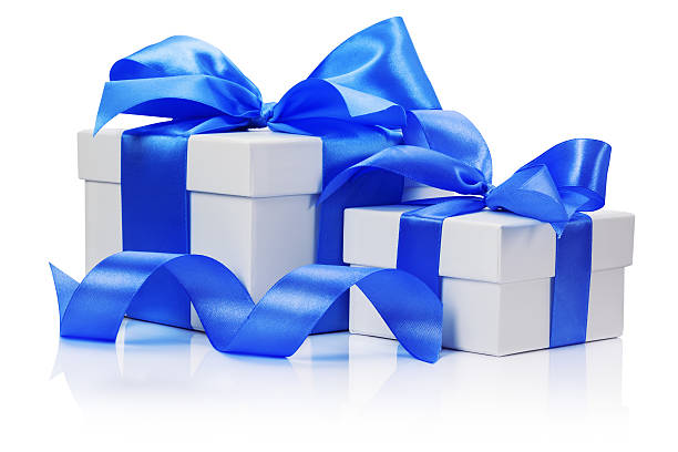 istock gift boxes with blue bow isolated on the white background 525302669