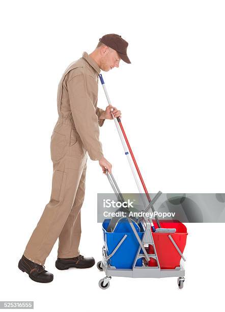 Servant With Washing Bucket And Mop Stock Photo - Download Image Now - Adult, Adults Only, Bib Overalls