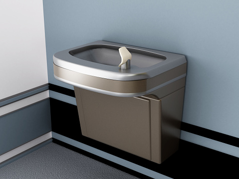 Wall mounted water drinking fountain.