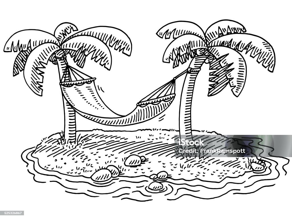 Summer Vacation Hammock Palm Beach Drawing Hand-drawn vector drawing of a Summer Vacation Scene with a Hammock between two Palm Trees on a Beach. Black-and-White sketch on a transparent background (.eps-file). Included files are EPS (v10) and Hi-Res JPG. Beach stock vector