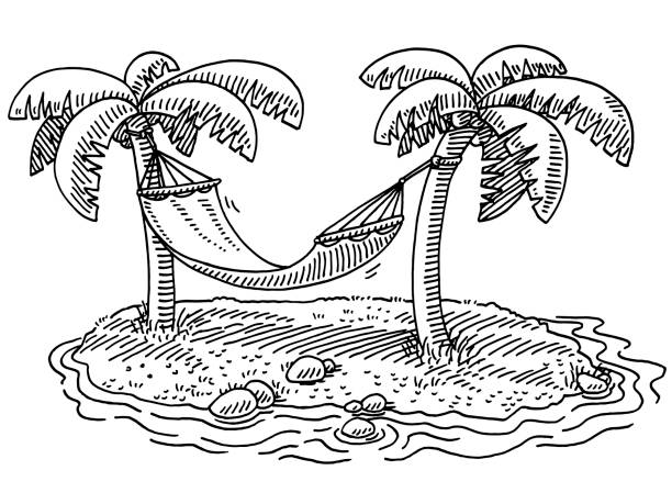 Summer Vacation Hammock Palm Beach Drawing Hand-drawn vector drawing of a Summer Vacation Scene with a Hammock between two Palm Trees on a Beach. Black-and-White sketch on a transparent background (.eps-file). Included files are EPS (v10) and Hi-Res JPG. hammock stock illustrations