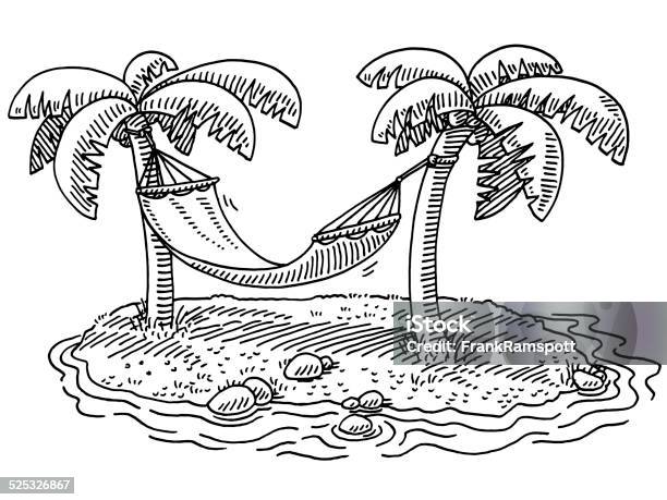 Summer Vacation Hammock Palm Beach Drawing Stock Illustration - Download Image Now - Beach, Line Art, Hammock