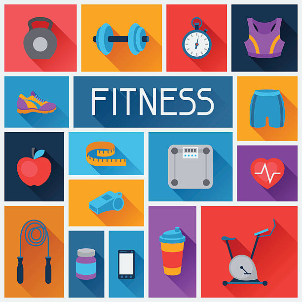 ilustraciones, imágenes clip art, dibujos animados e iconos de stock de fondo con los iconos de estilo plano en el gimnasio. - school gymnasium illustrations