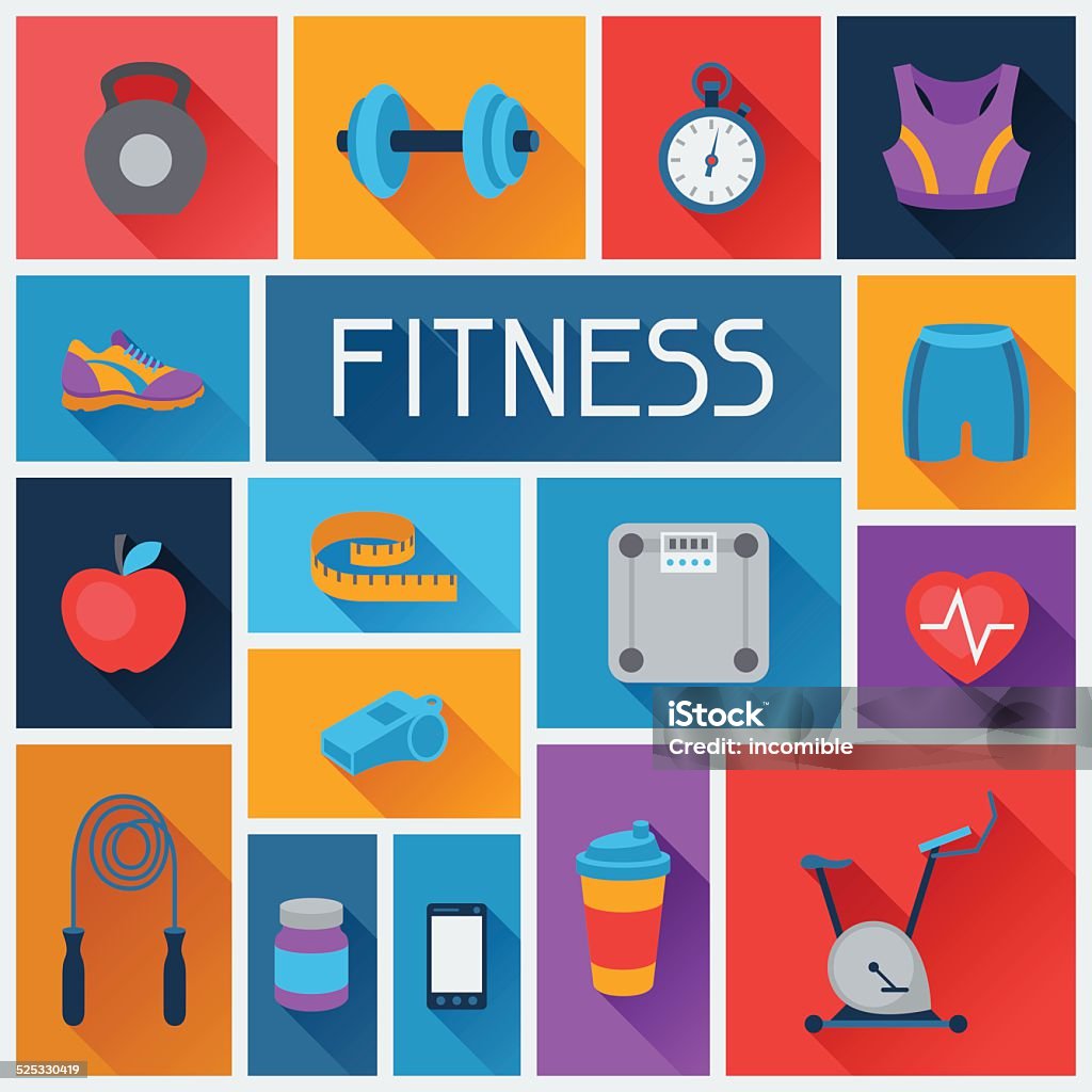 Sports background with fitness icons in flat style. Exercising stock vector