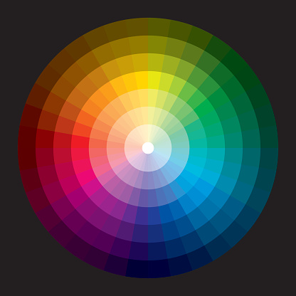 A color wheel / circle with 36 hues (rainbow colors) on a black background. The hues graduate to a white  center and to a black periphery.