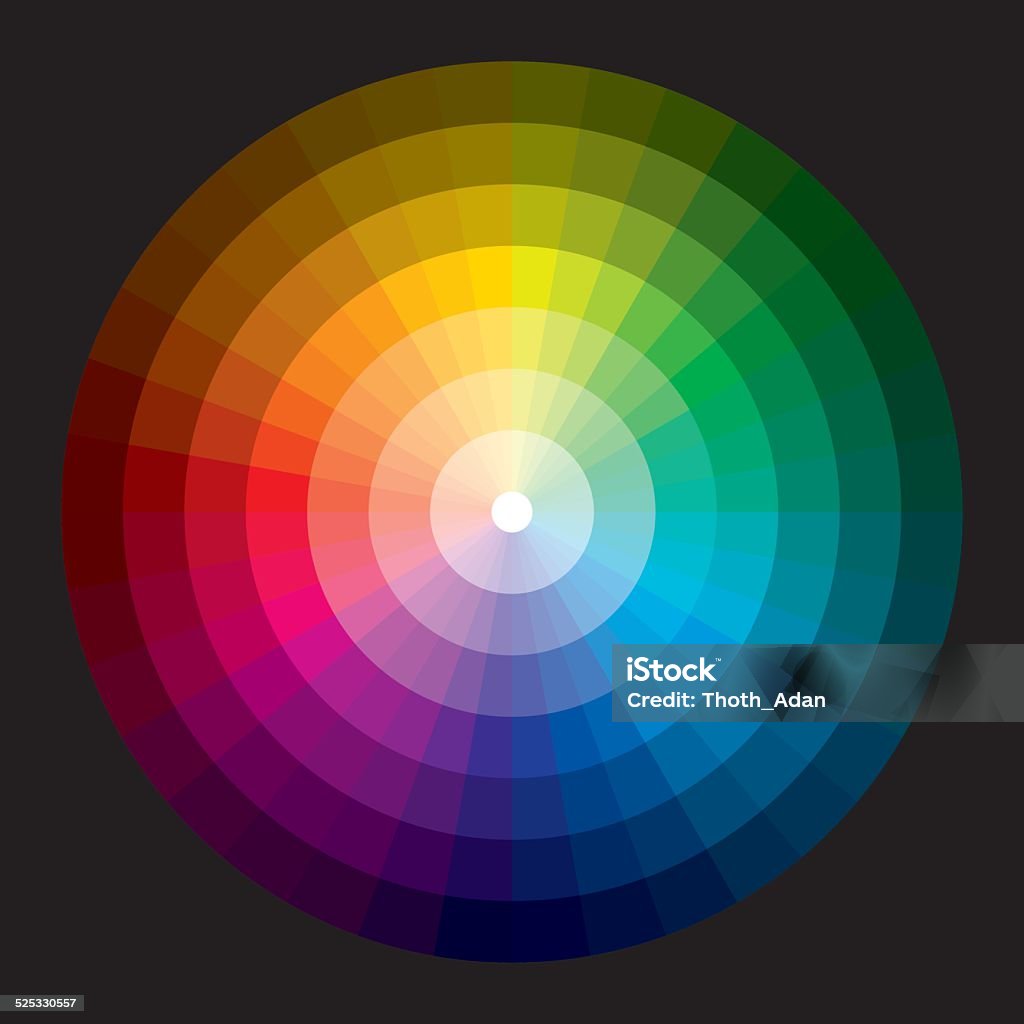 Color wheel with graduation from white to black A color wheel / circle with 36 hues (rainbow colors) on a black background. The hues graduate to a white  center and to a black periphery. Color Wheel stock vector