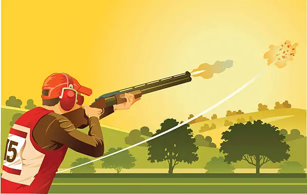 Vector illustration of Clay Pigeon Shooter on Skeet Shooting Range