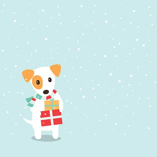 Vector illustration of Dog holding a stack of presents