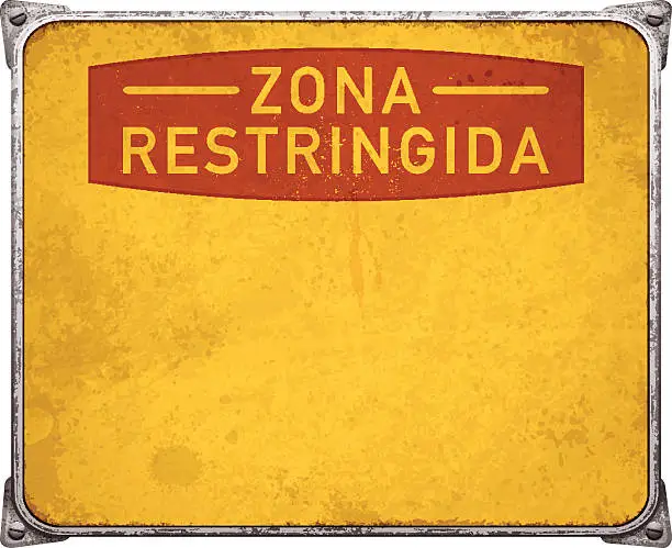 Vector illustration of Weathered zona restringida metal placard with corners and screws_vector
