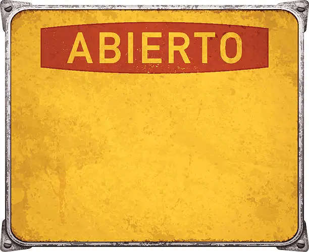 Vector illustration of Weathered abierto metal placard with corners and screws_vector