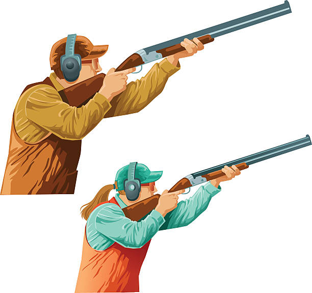 요청에 따라 미팅 시설 shooters 경쟁업체 male 및 female - shooting women gun shotgun stock illustrations