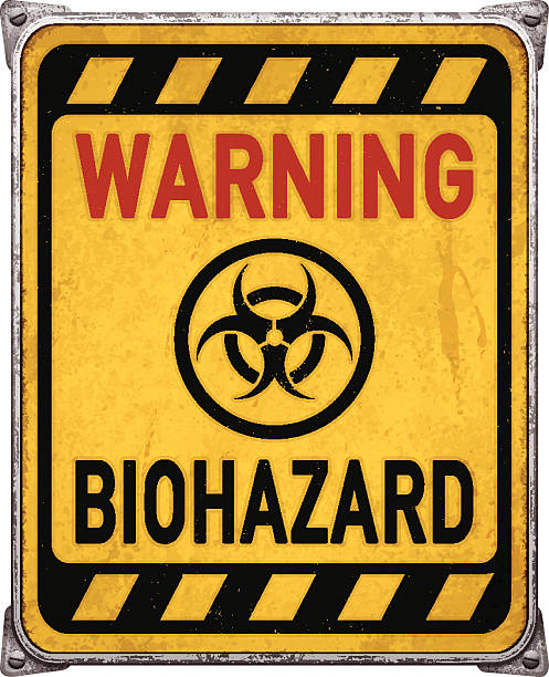 비바람을 맞은 노란색 경고 금속면의 플래카드 (생물학적 위험 symbol_vector - toxic waste biochemical warfare biohazard symbol dirty stock illustrations