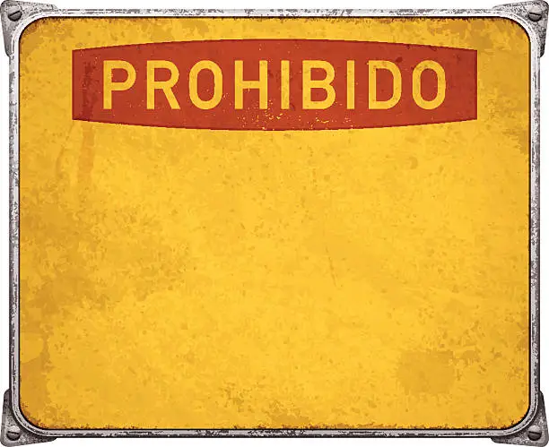 Vector illustration of Weathered prohibido metal placard with corners and screws_vector