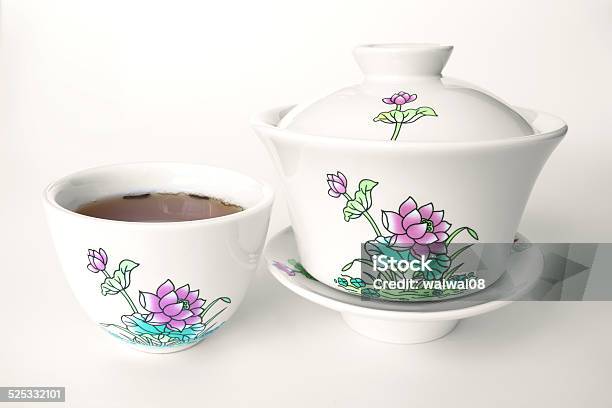 Chinese Porcelain Tea Set With Lotus Drawing On White Background Stock Photo - Download Image Now