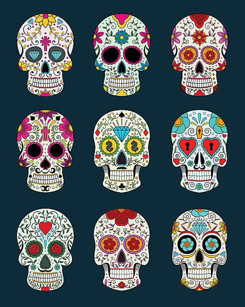벡터 일러스트레이션 세트마다 두개 멕시코 트레디션 - day of the dead skull tattoo mexico stock illustrations