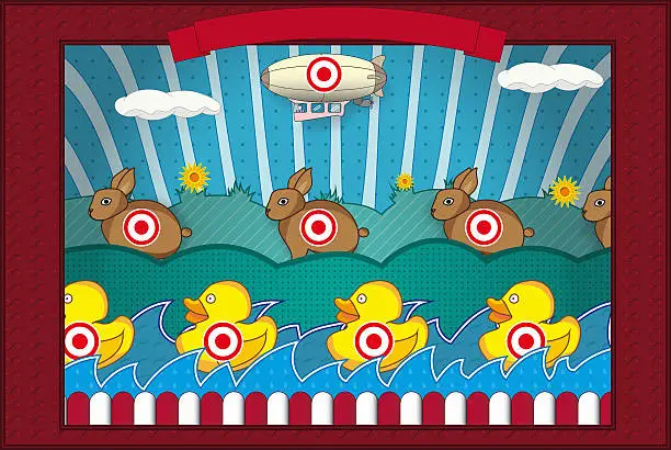 Illustration of a vintage shooting gallery with rabbits and ducks.