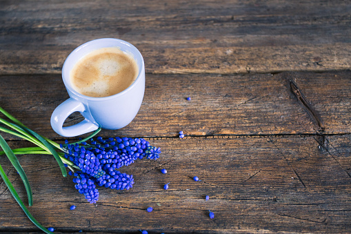 Blue flowers and a cup of coffee on a wooden background