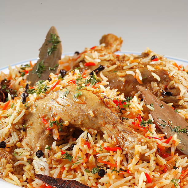 Close up of chicken biryani, India