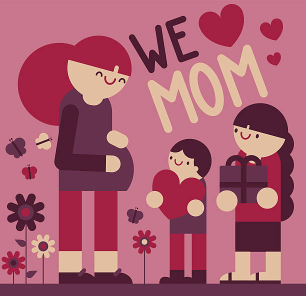 We love mom A boy and a girl give gifts to their pregnant mom my stepmom stock illustrations