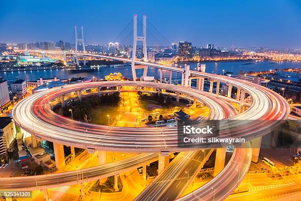 Beautiful Nanpu Bridge In Nightfall Stock Photo - Download Image Now - Aerial View, Architecture, Asia