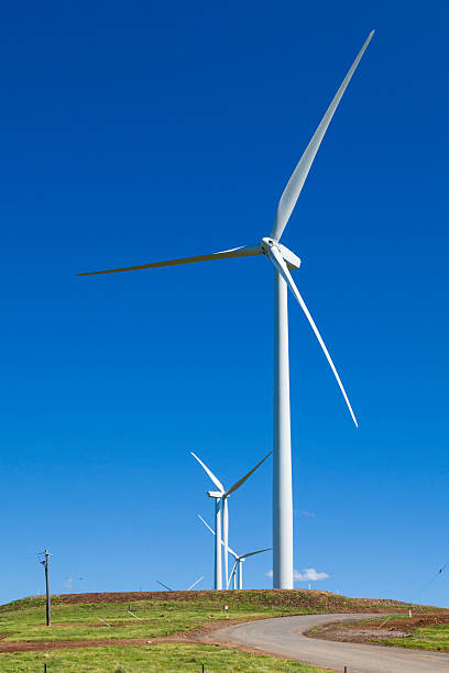 Wind turbines Wind turbines on lush grassy Australian hillside landscape alternative energy scenics farm stock pictures, royalty-free photos & images