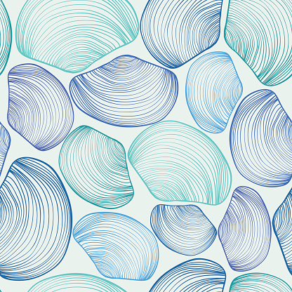 Abstract seamless pattern of blue green seashells. Marine seashell background.