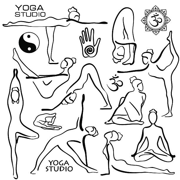 ilustraciones, imágenes clip art, dibujos animados e iconos de stock de conjunto de estilizadas mujer de yoga plantea. - stretching exercising gym silhouette