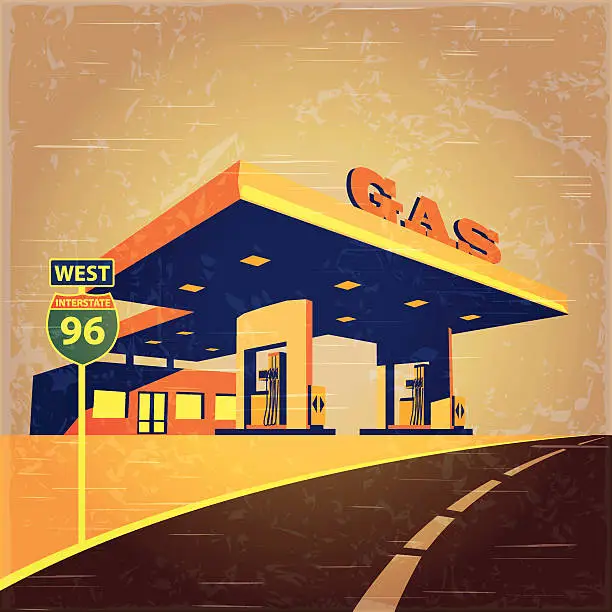 Vector illustration of gas station on the road