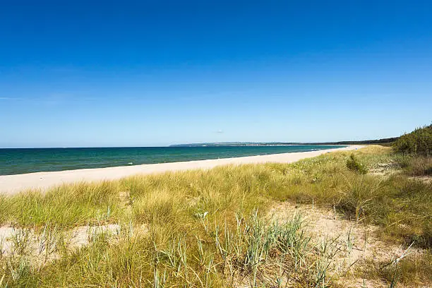 Sunny view of an empty beach on the island of Ruegen, Germany,  in the summer time.