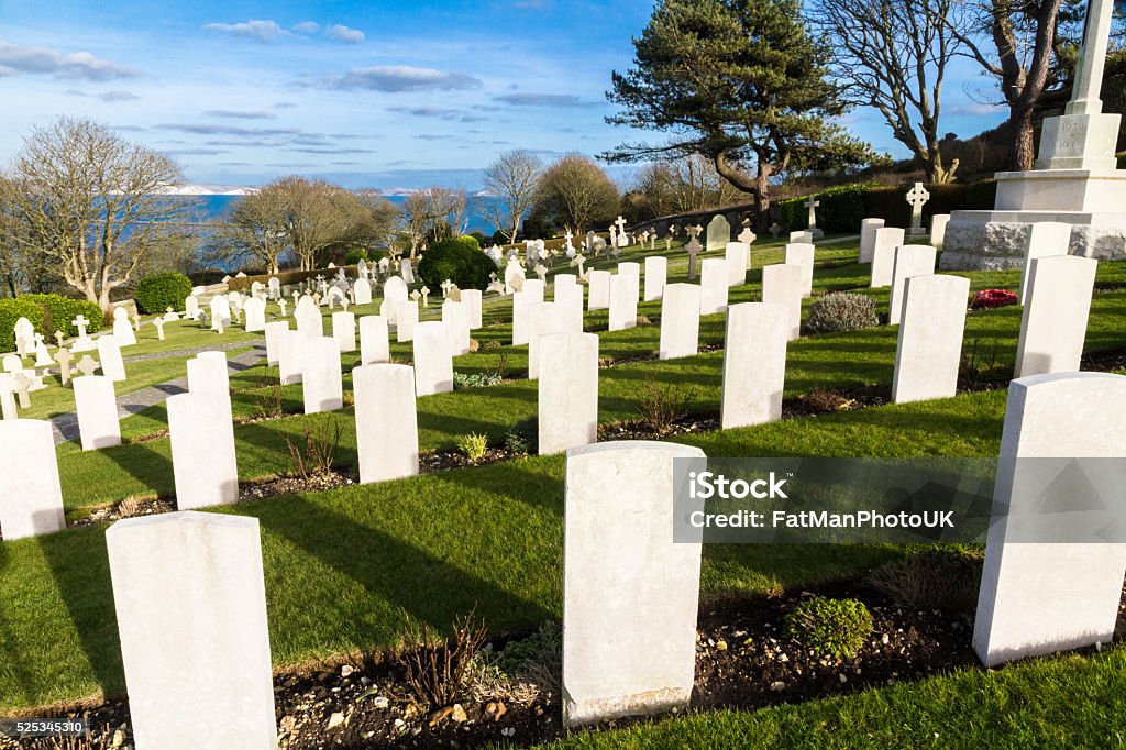 Backs of war graves, military cemetery. Backs of white graves at military naval cemetery, Portland Bill, Dorset, England, UK. Cemetery Stock Photo