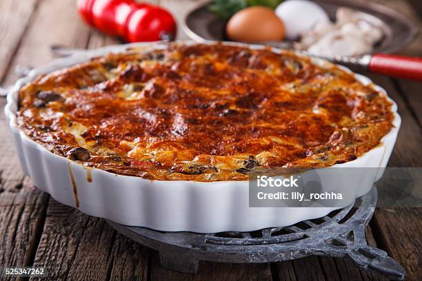 Pie Quiche With Mushrooms Stock Photo - Download Image Now - Backgrounds, Bacon, Baked Pastry Item