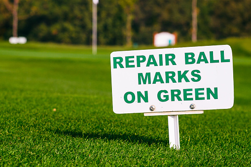 golf signs on green grass at morning