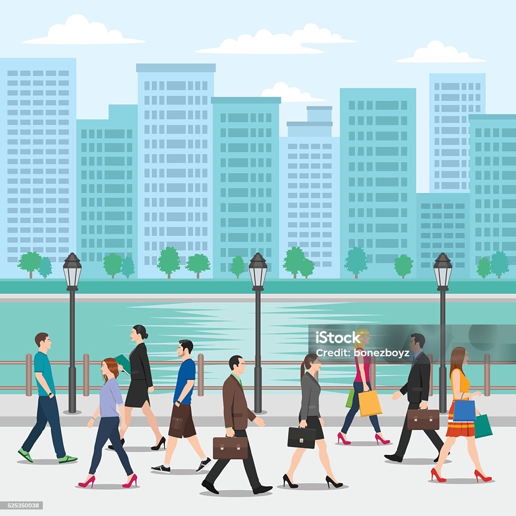 Crowd of People Walking on the Street with Cityscape Background Illustration of men and women walking on the street. Walking stock vector