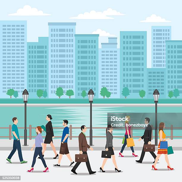 Crowd Of People Walking On The Street With Cityscape Background Stock Illustration - Download Image Now