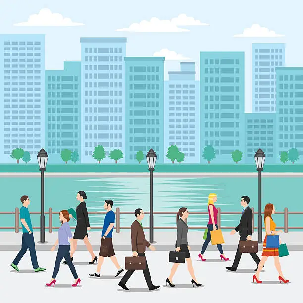 Vector illustration of Crowd of People Walking on the Street with Cityscape Background