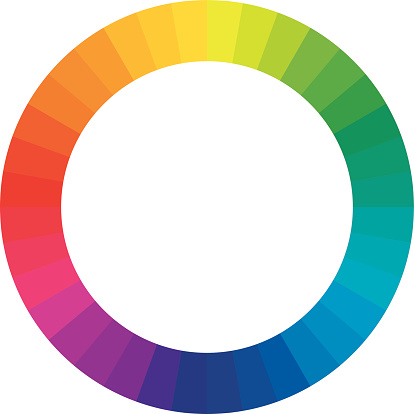 Vector illustration of a color circle/wheel with 36 hues (rainbow colors) on a white background.