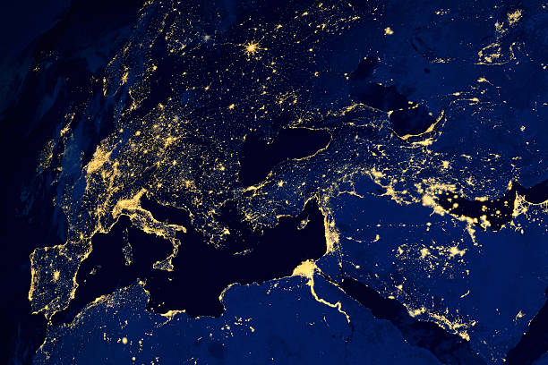 Satellite map of European cities night Satellite map of European cities night. N.A.S.A. Image modified. norway continent stock pictures, royalty-free photos & images