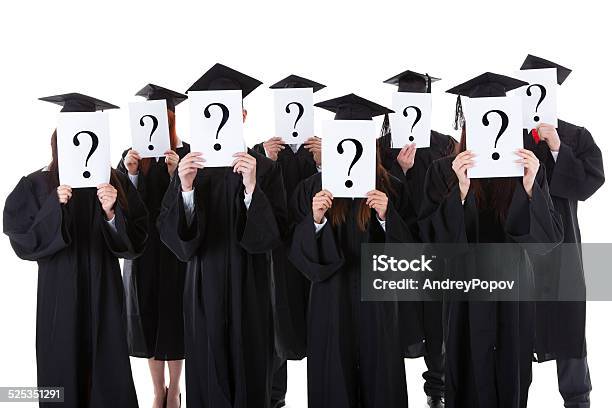 Graduate Students Showing Question Signs Stock Photo - Download Image Now - Adult, Arrangement, Asking