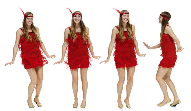 Cheerful four people dancing Cheerful four people dancinghttp://www.twodozendesign.info/i/1.png sequence dress stock pictures, royalty-free photos & images