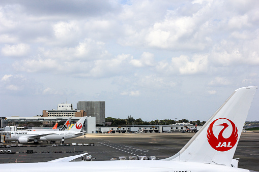 Tokyo, Japan - April 9, 2016: A view of a Japan Airlines jet at the boarding park at Narita Airport in the district of Chiba. Japan Airlines is the flag carrier airline of Japan. In he background are various other jet types.