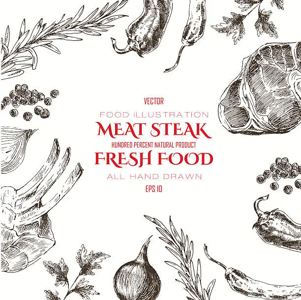 Vector illustration of vector meat steak sketch drawing designer template. food hand-drawn