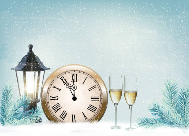 Holiday retro background with champagne glasses and clock . Happ Holiday retro background with champagne glasses and clock . Happy New Year. Vector illustration happ stock illustrations