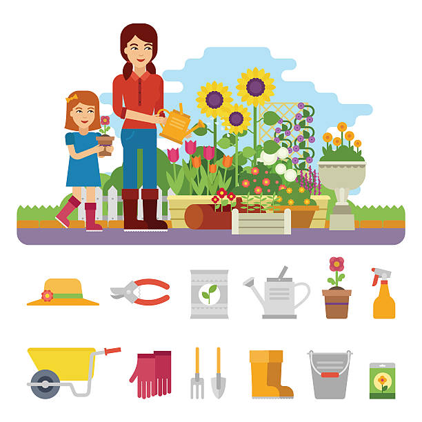 ilustrações de stock, clip art, desenhos animados e ícones de mulher gardener - shovel trowel dirt plant