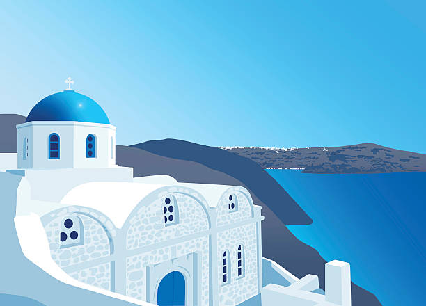 Greek Orthodox church at Santorini island White church with blue dome at Santorini island, Greece, vector illustration santorini stock illustrations