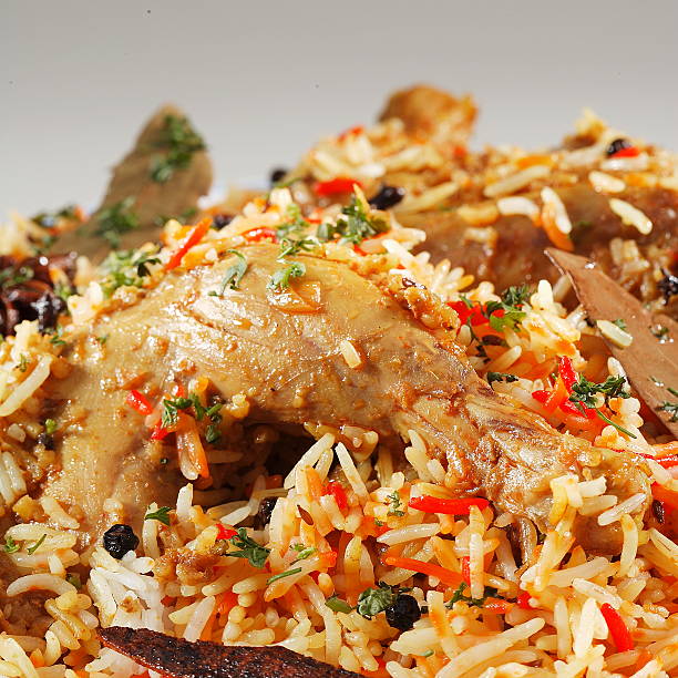 Close up of chicken biryani, India