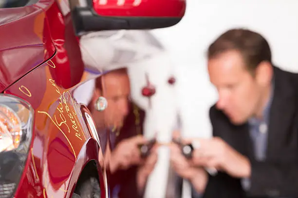 Photo of Adult appraiser looking at car, estimate for fix