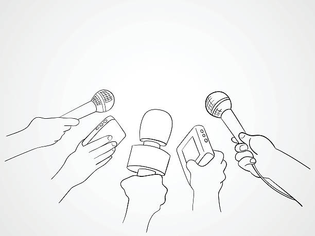 Line Art Illustration of Journalists Line art illustration of hands holding microphones and recorders, journalism symbol microphone drawings stock illustrations