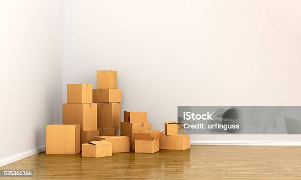 Cardboard Boxes In Empty Room Stock Photo - Download Image Now - Activity, Apartment, Box - Container
