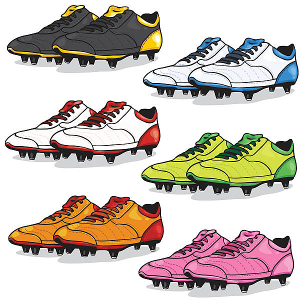 ilustraciones, imágenes clip art, dibujos animados e iconos de stock de vector conjunto de dibujos animados fundas de fútbol - botas de fútbol