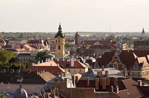 05/30/2022, Prague city, Czech republic. View of Prague old town from a gothic tower. Overcast sky, Springtime.\nNo people.